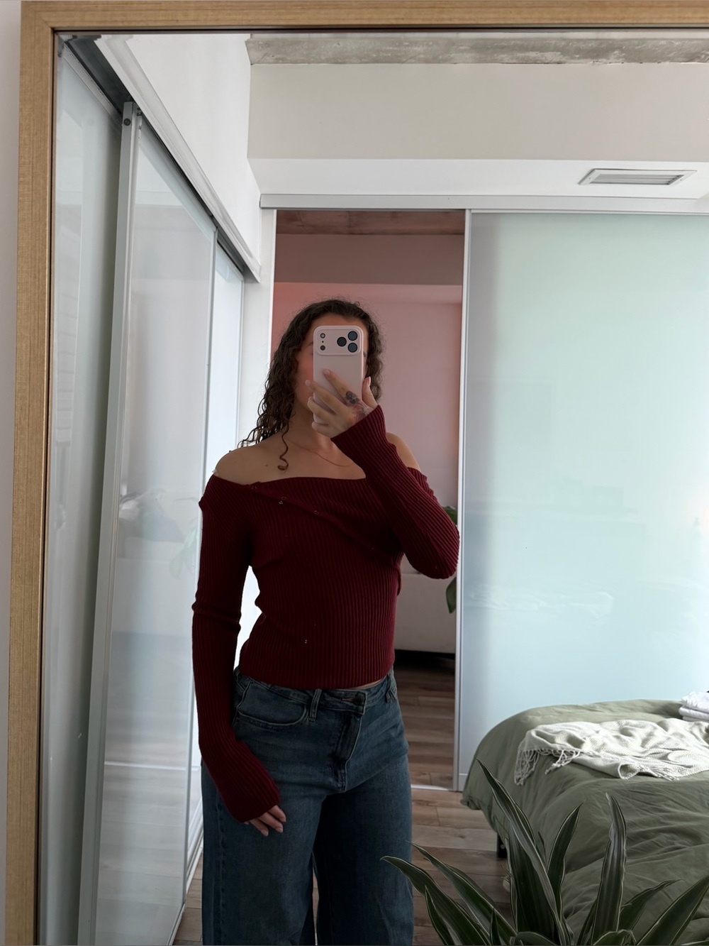 Peppermayo Off-the-Shoulder Ribbed Button Sweater - Burgundy